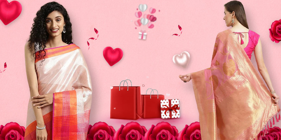 Valentine's Day saree gift ideas with red roses and hearts.