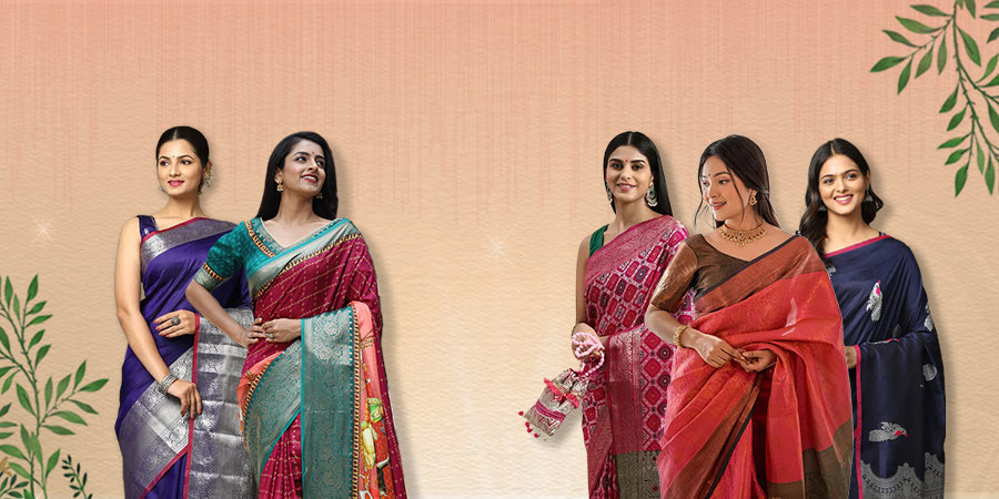 Five women showcasing vibrant Indian sarees by Vastranand.