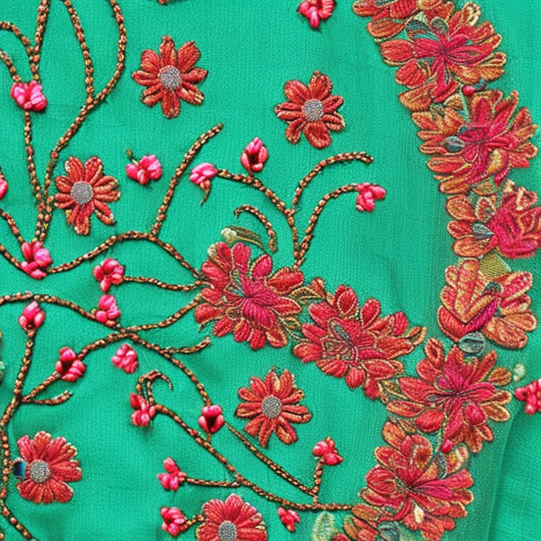 Intricate floral embroidery on an elegant green saree.