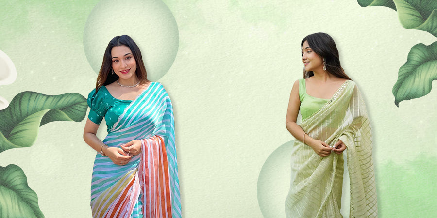 Saree Care Guide: Women in vibrant sarees on a leafy background