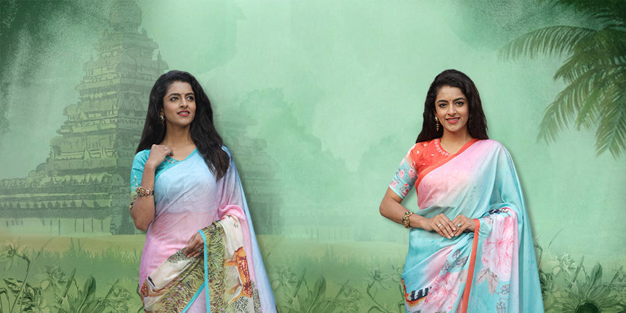 Women in pastel sarees with summer-themed background.