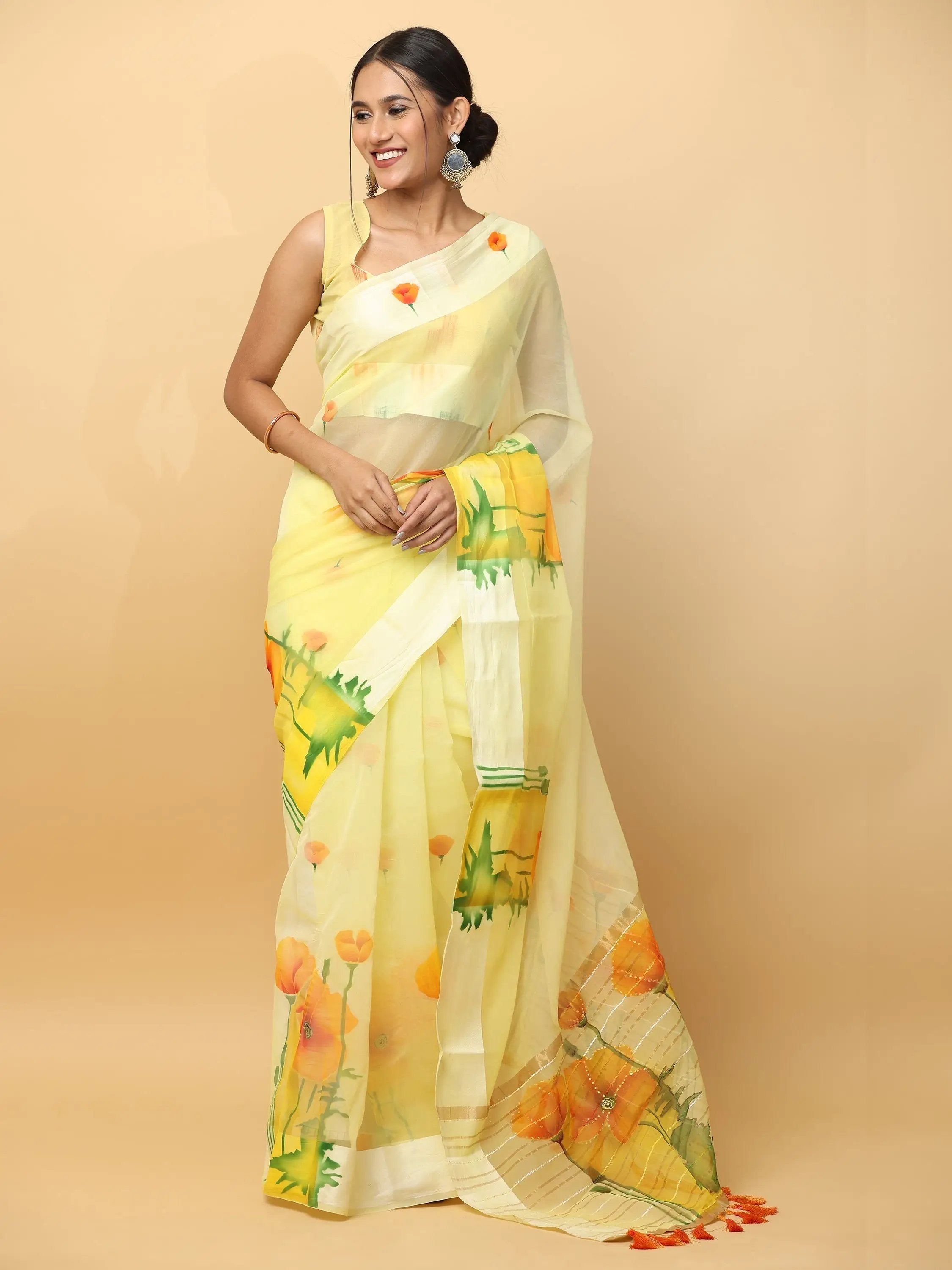 Soft Orgenza Hand Print Party Wear Saree