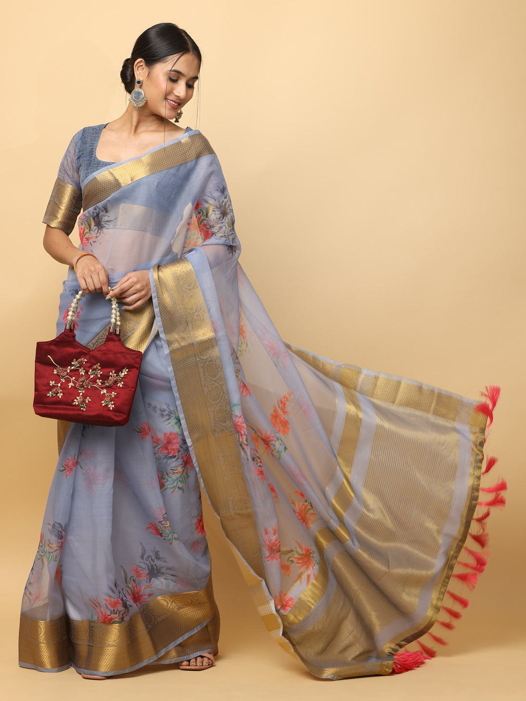 Orgenza Party Wear Saree With Gold Zari Border