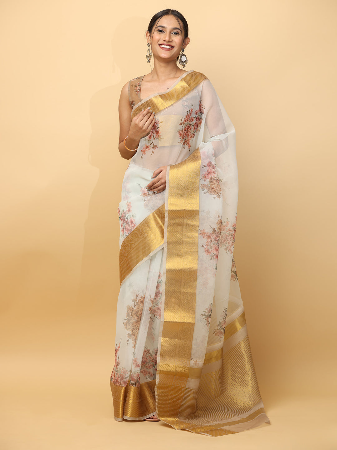 Orgenza Party Wear Saree With Gold Zari Border