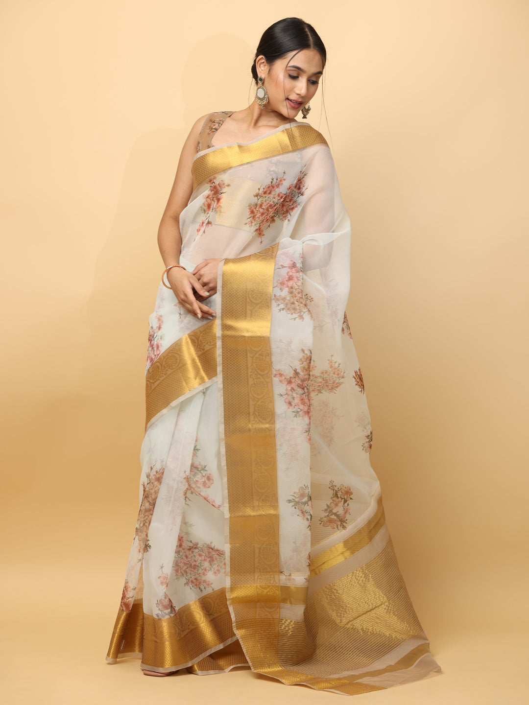 Orgenza Party Wear Saree With Gold Zari Border