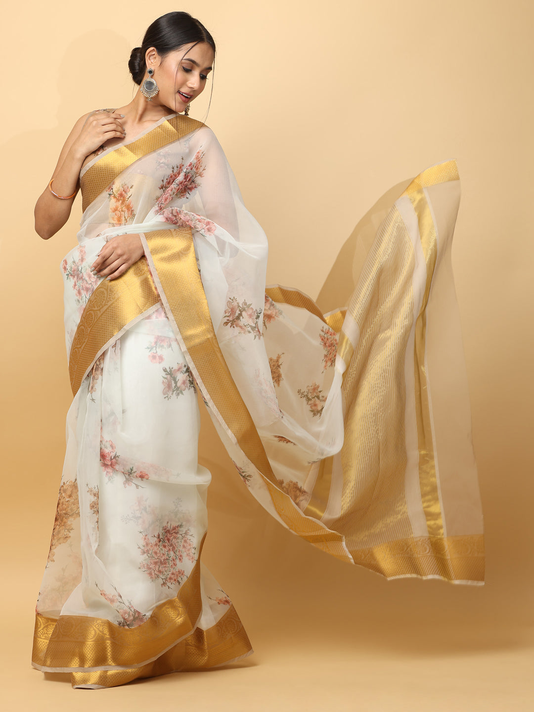 Orgenza Party Wear Saree With Gold Zari Border