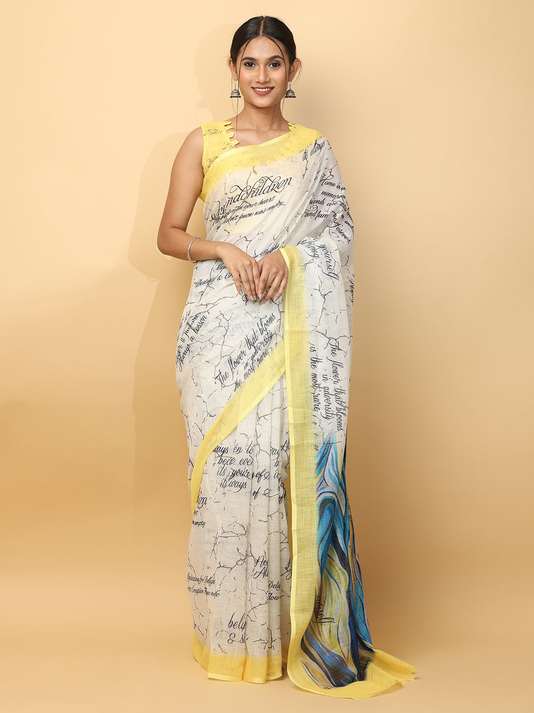 Latest Soft Linen News Paper Digital Print Saree 