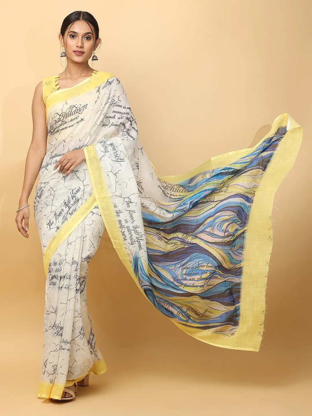 Latest Soft Linen News Paper Digital Print Saree 