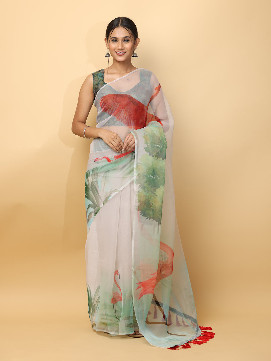 Soft organza saree with digital print and ethnic motifs