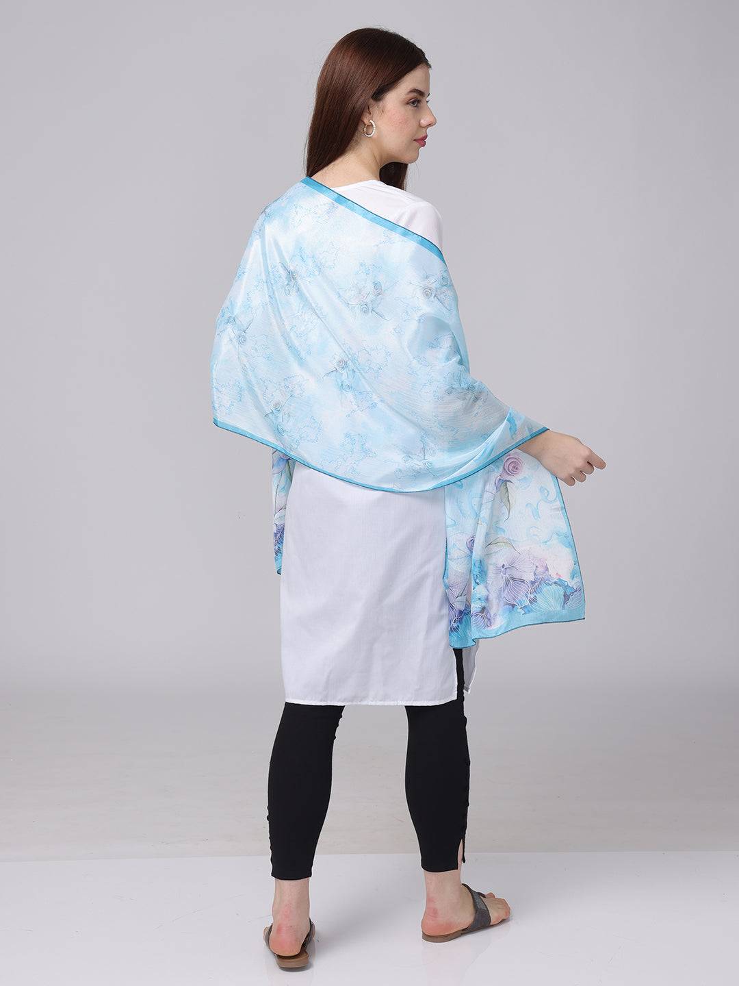 Ice Blue Floral Printed Long Scarf