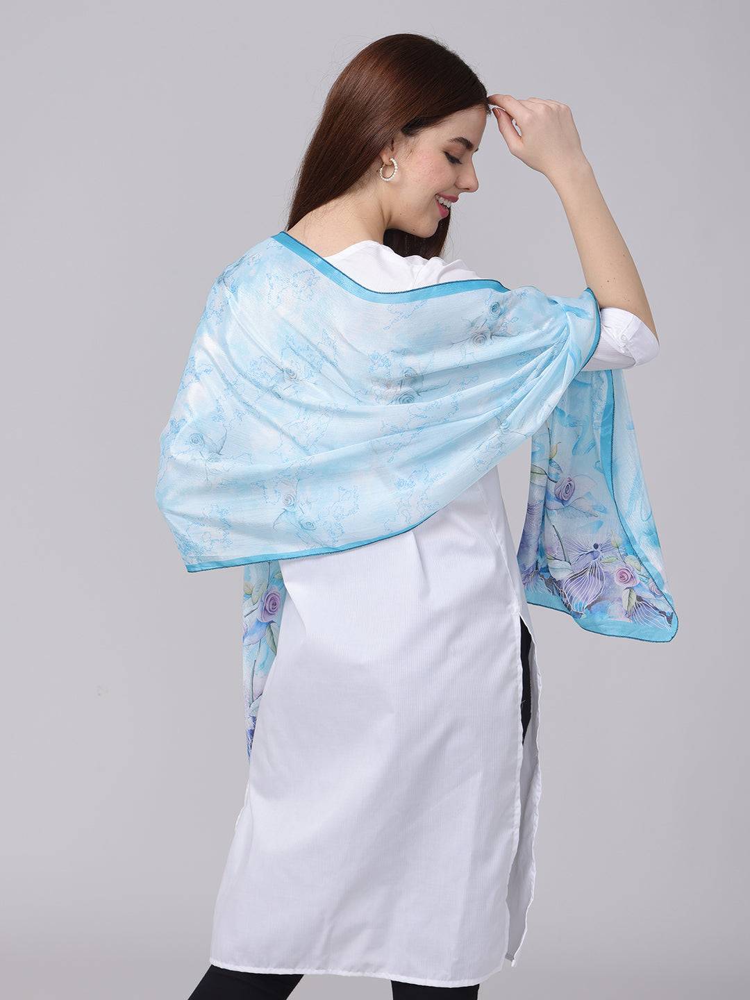 Ice Blue Floral Printed Long Scarf