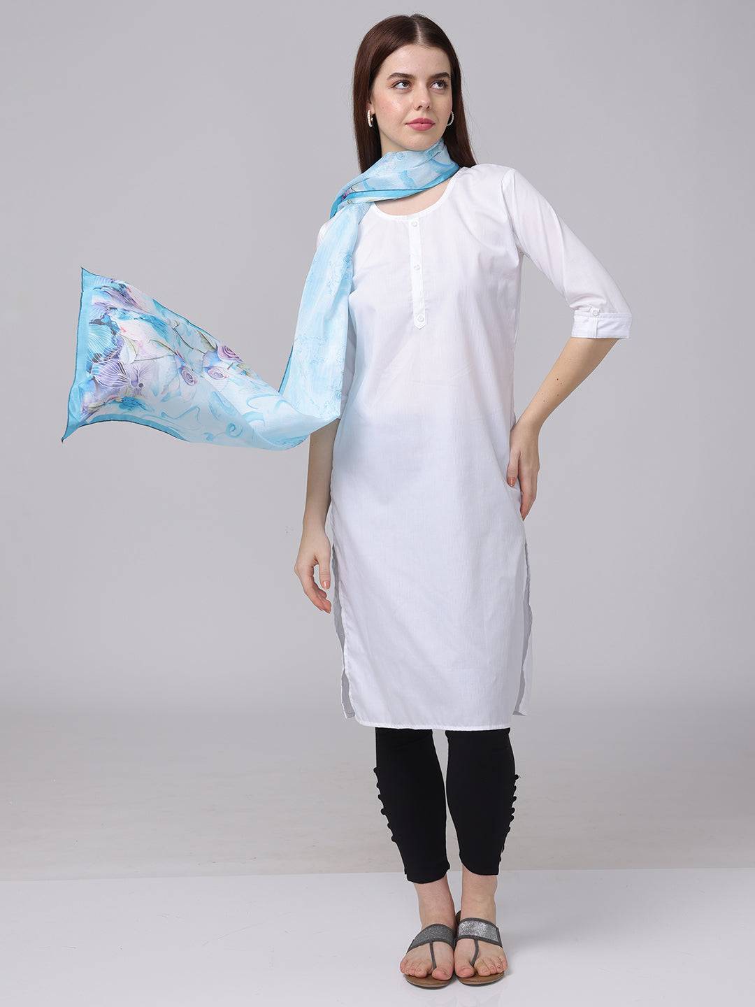 Ice Blue Floral Printed Long Scarf