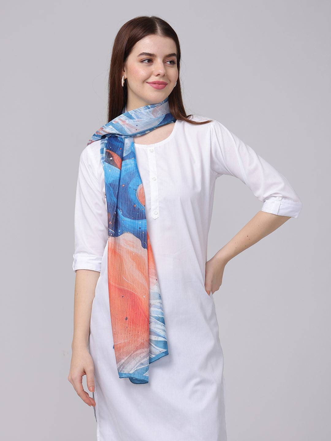 Vibrant abstract patterned scarf in blue, white, orange