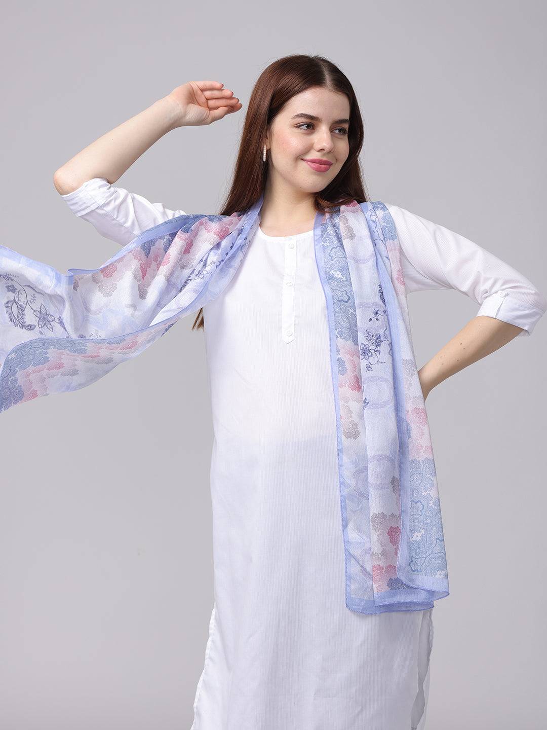 Ethnic motifs scarf styled over shoulder