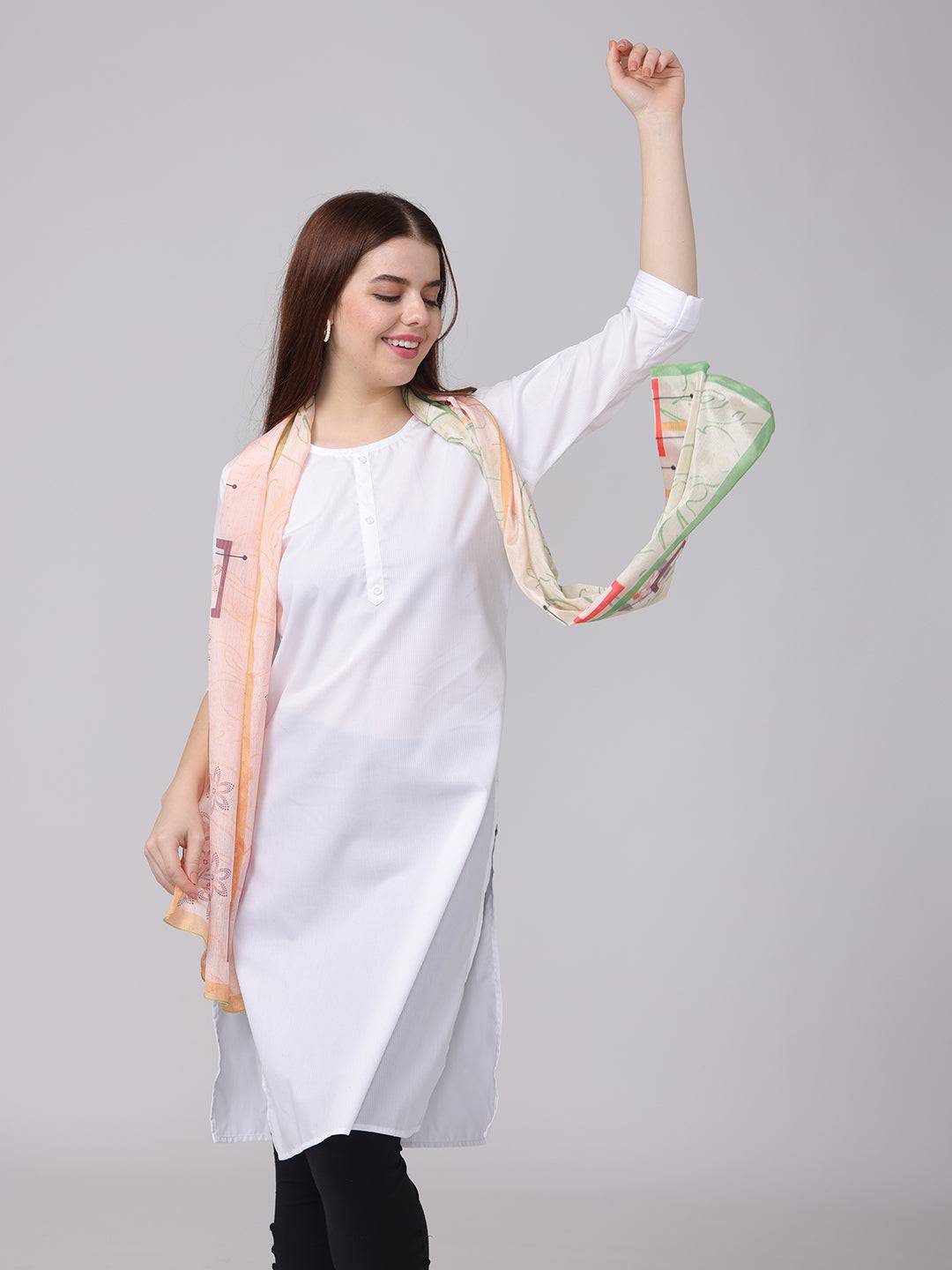 Model showcasing floral geometric pastel scarf with arm raised.