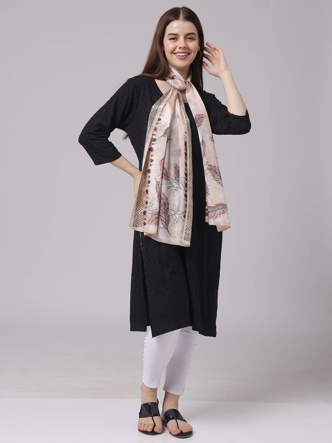 Model elegantly wearing feather pattern geometric borde scarf