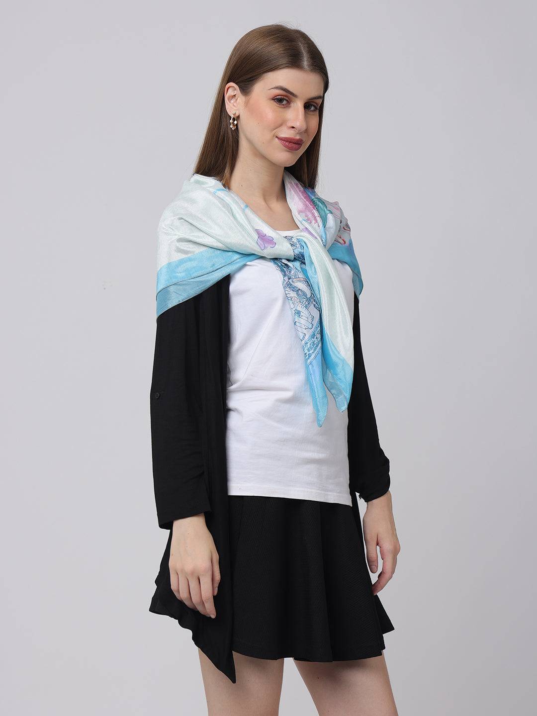 Dreamy Eiffel Blue Scarf draped over shoulders