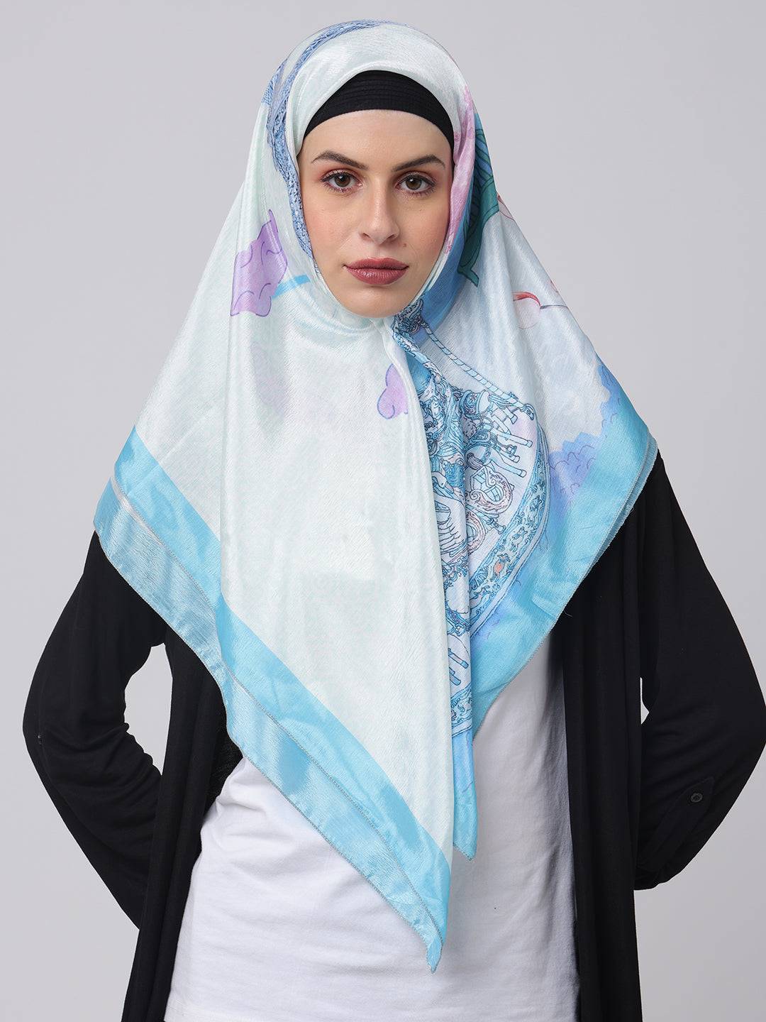 Dreamy Eiffel Blue Scarf worn as hijab front view