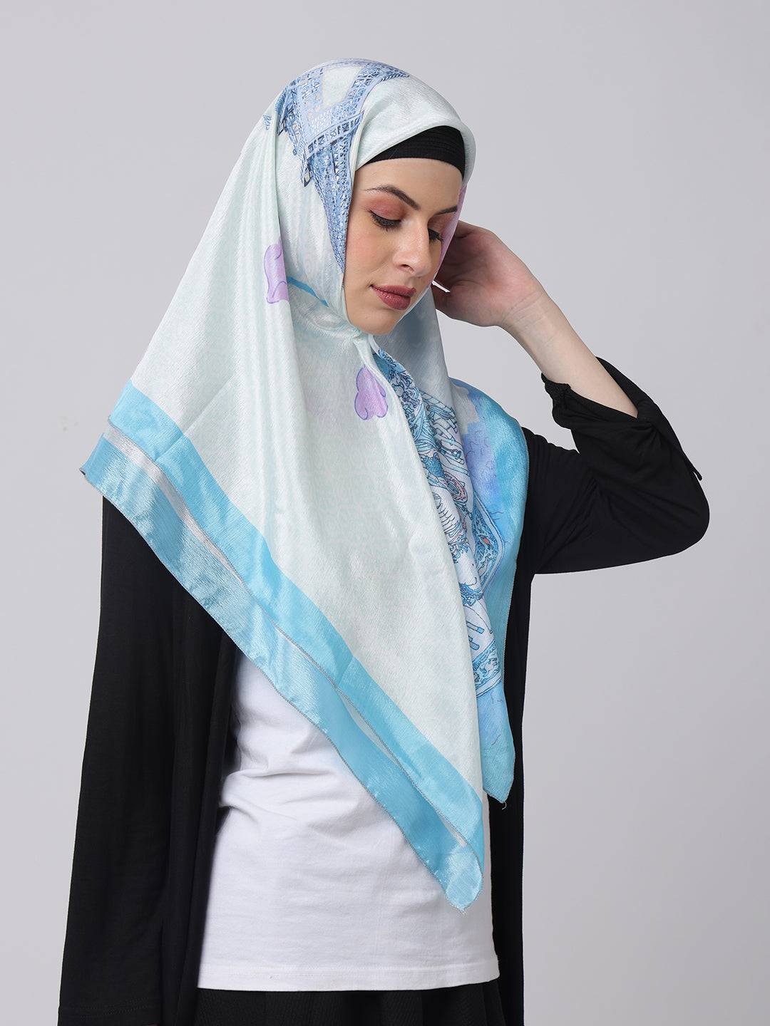 Dreamy Eiffel Blue Scarf worn as hijab