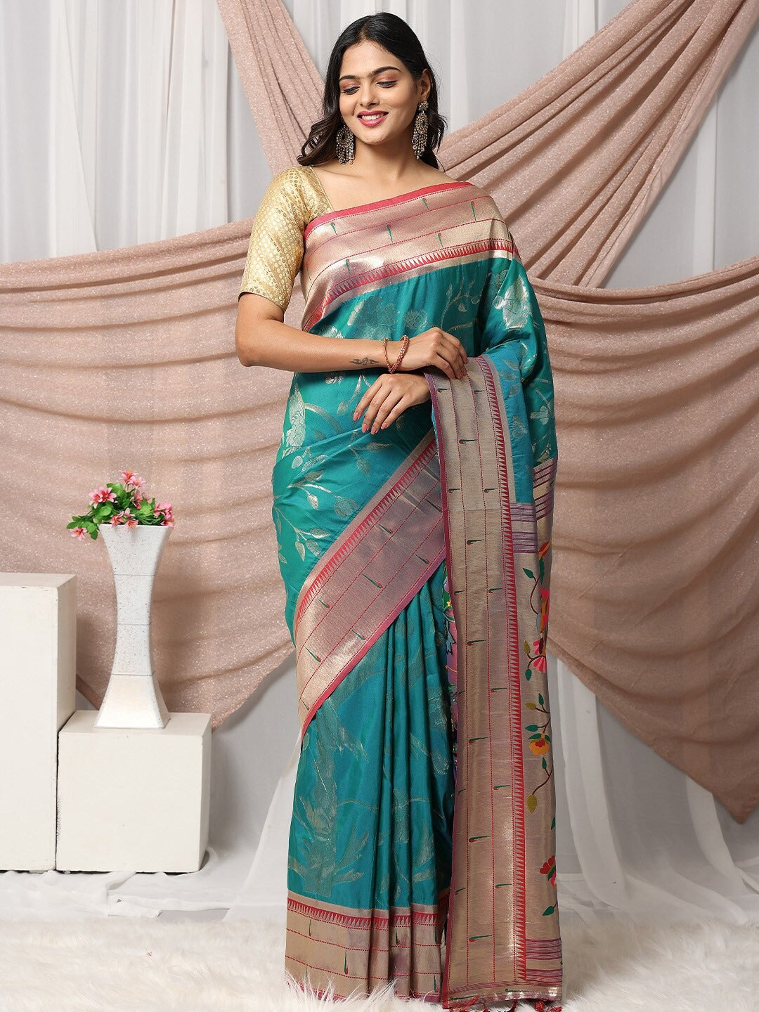 Paithani Silk Blend Zari Work Rama Colour Saree