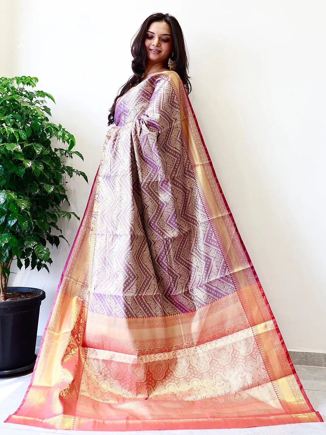 Luxurious Kanjivaaram saree with intricate gold zari patterns.