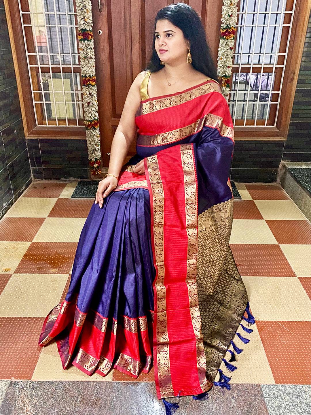 Navy Blue Elegance Kanchi Zari Silk Saree