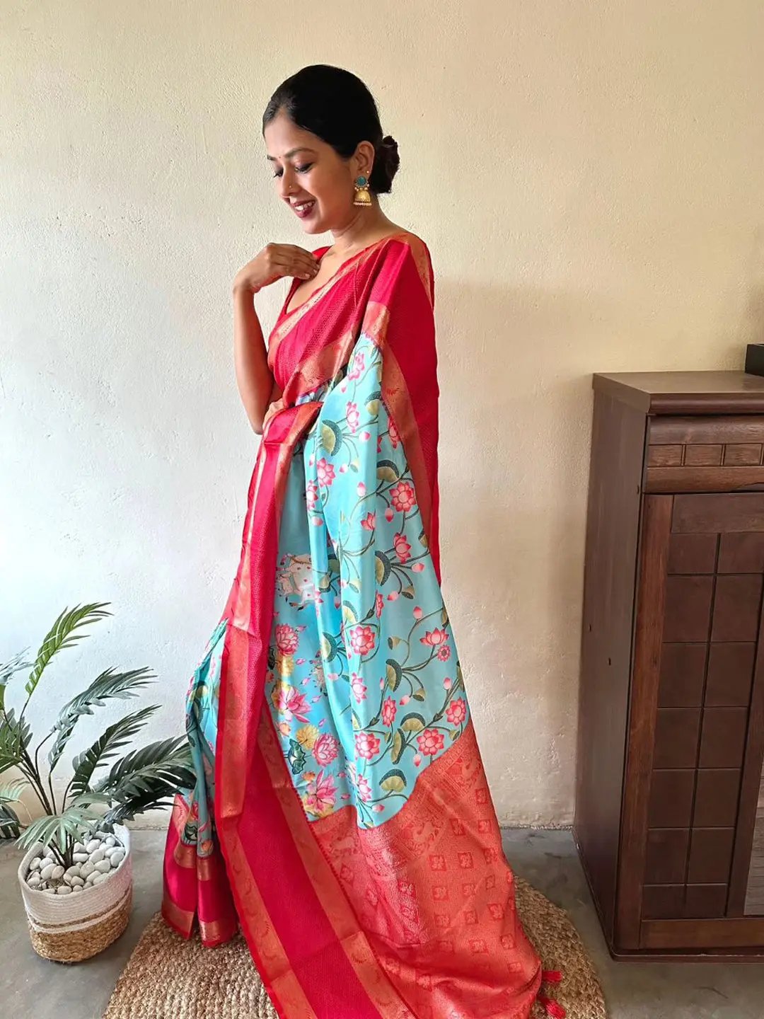 Floral Gadwal Silk Saree with Bold Red Pallu