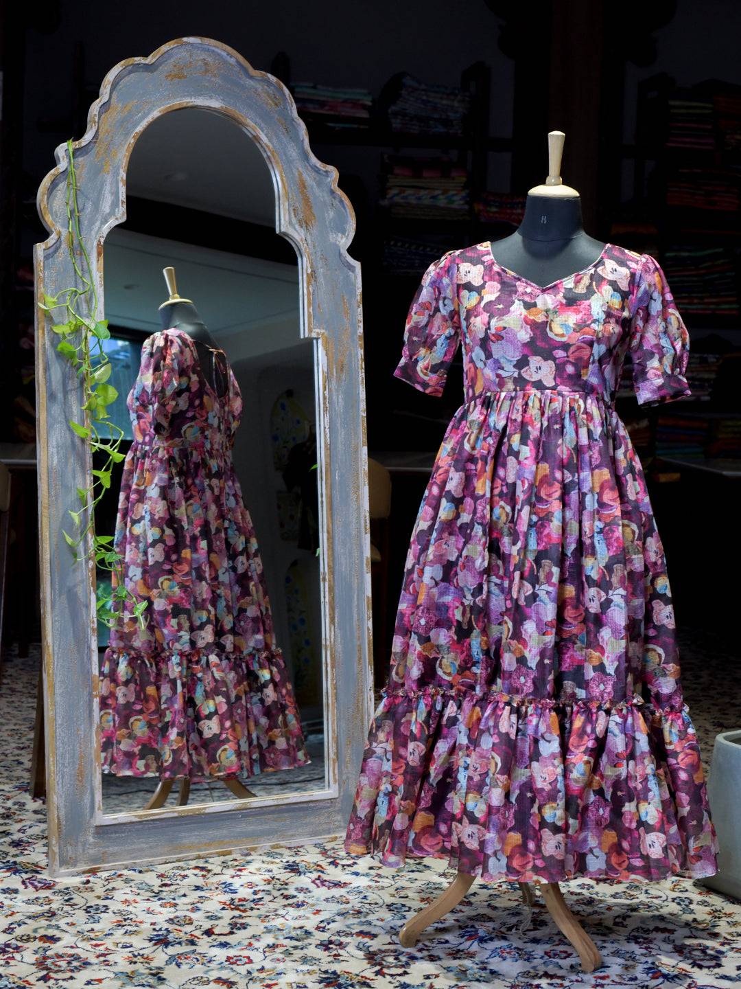 Sumathi Burgundy Floral Midi Dress on mannequin