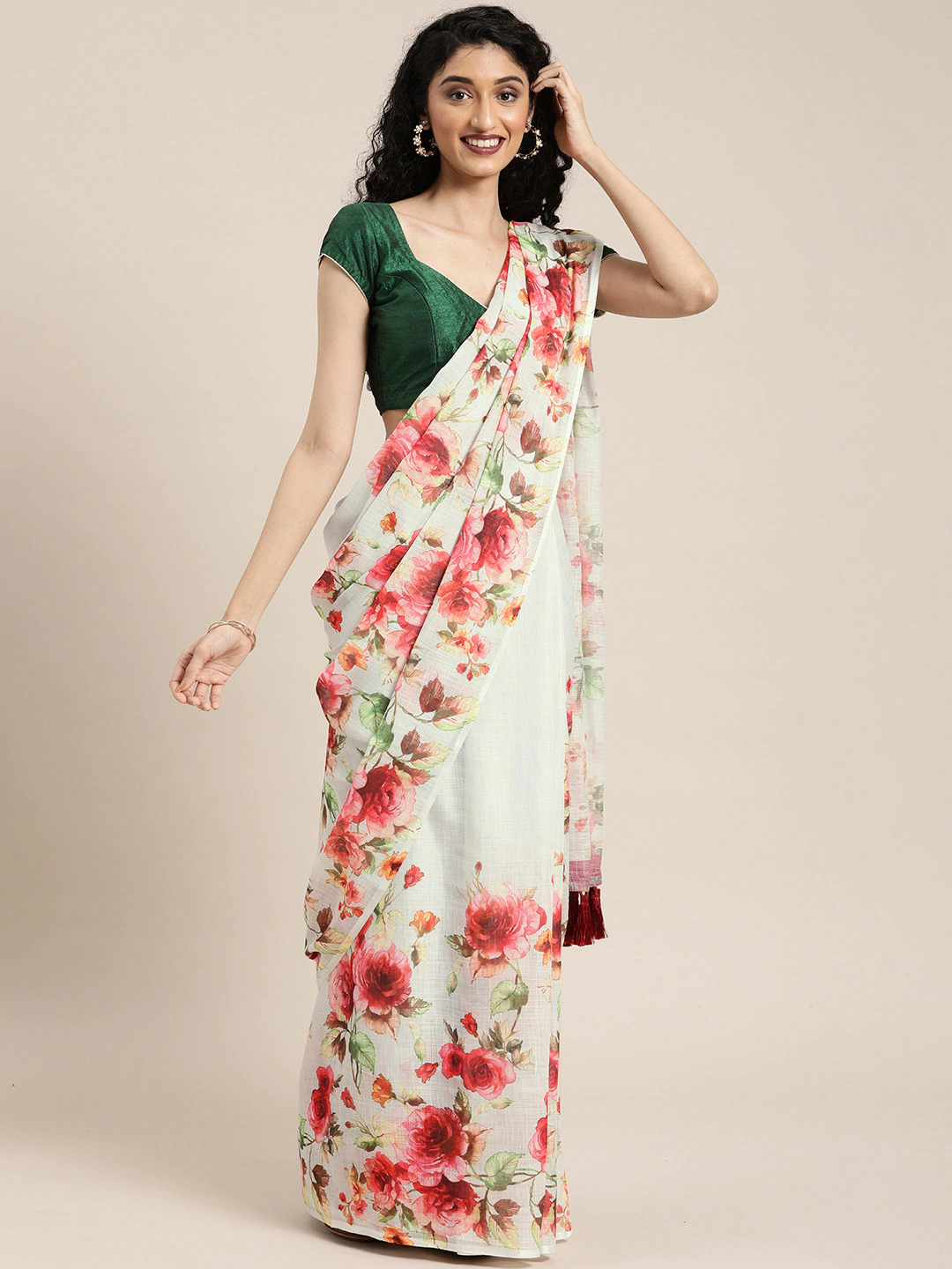 Stylish Linen Floral Print Saree