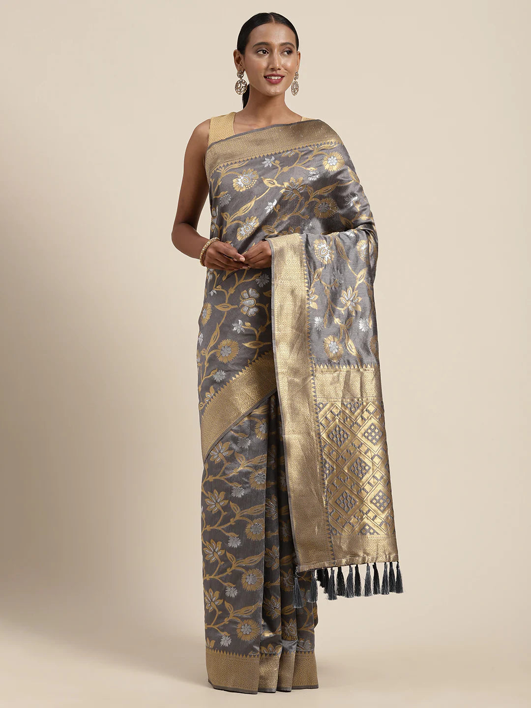  Banarasi Grey Colour Saree With Zari Border