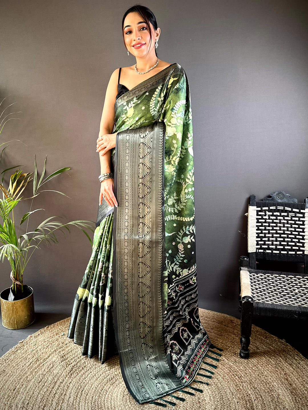 Green Floral Animal Batik Soft Silk Saree