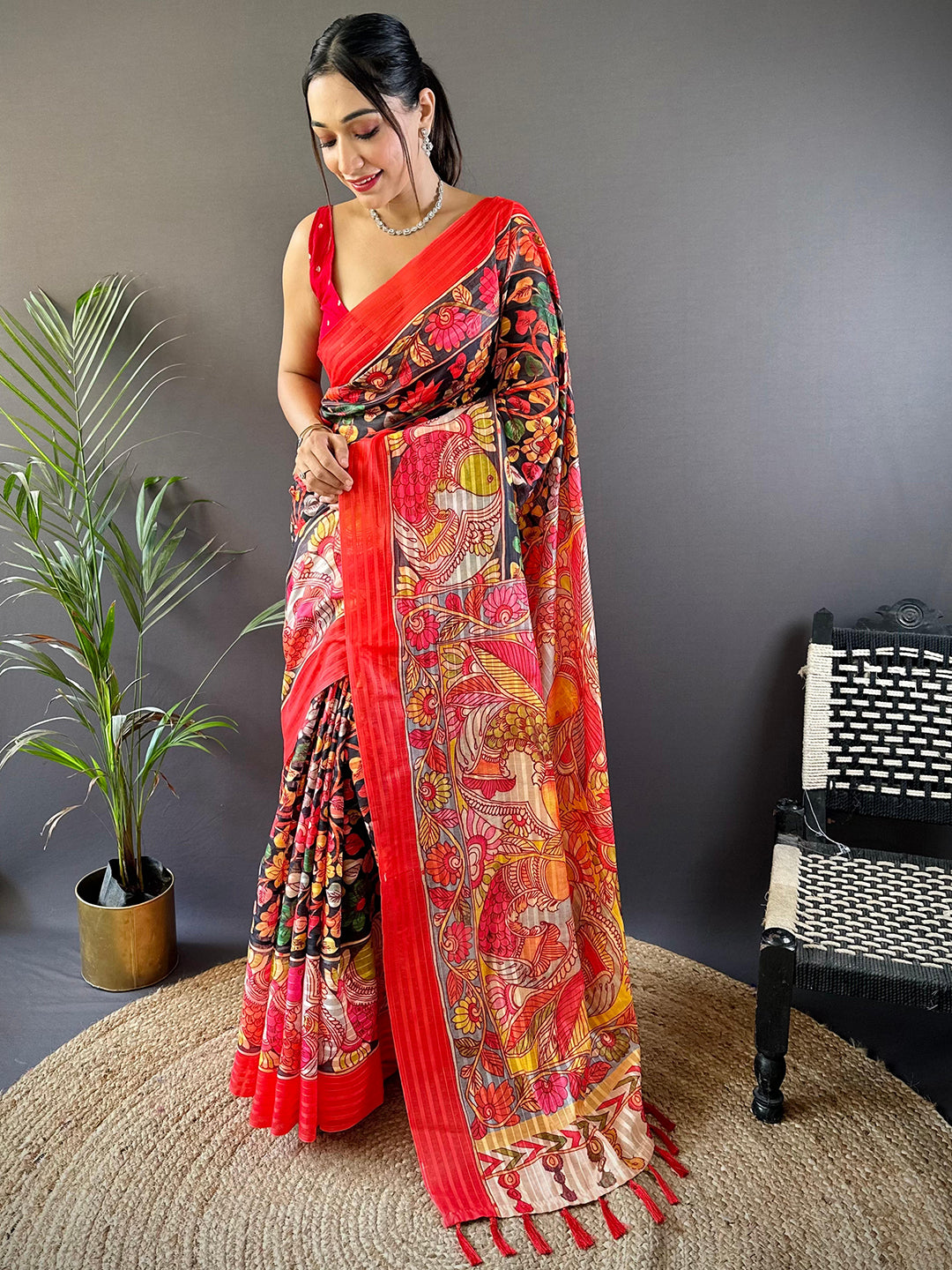 Raven Black Pen Kalamkari Linen Saree