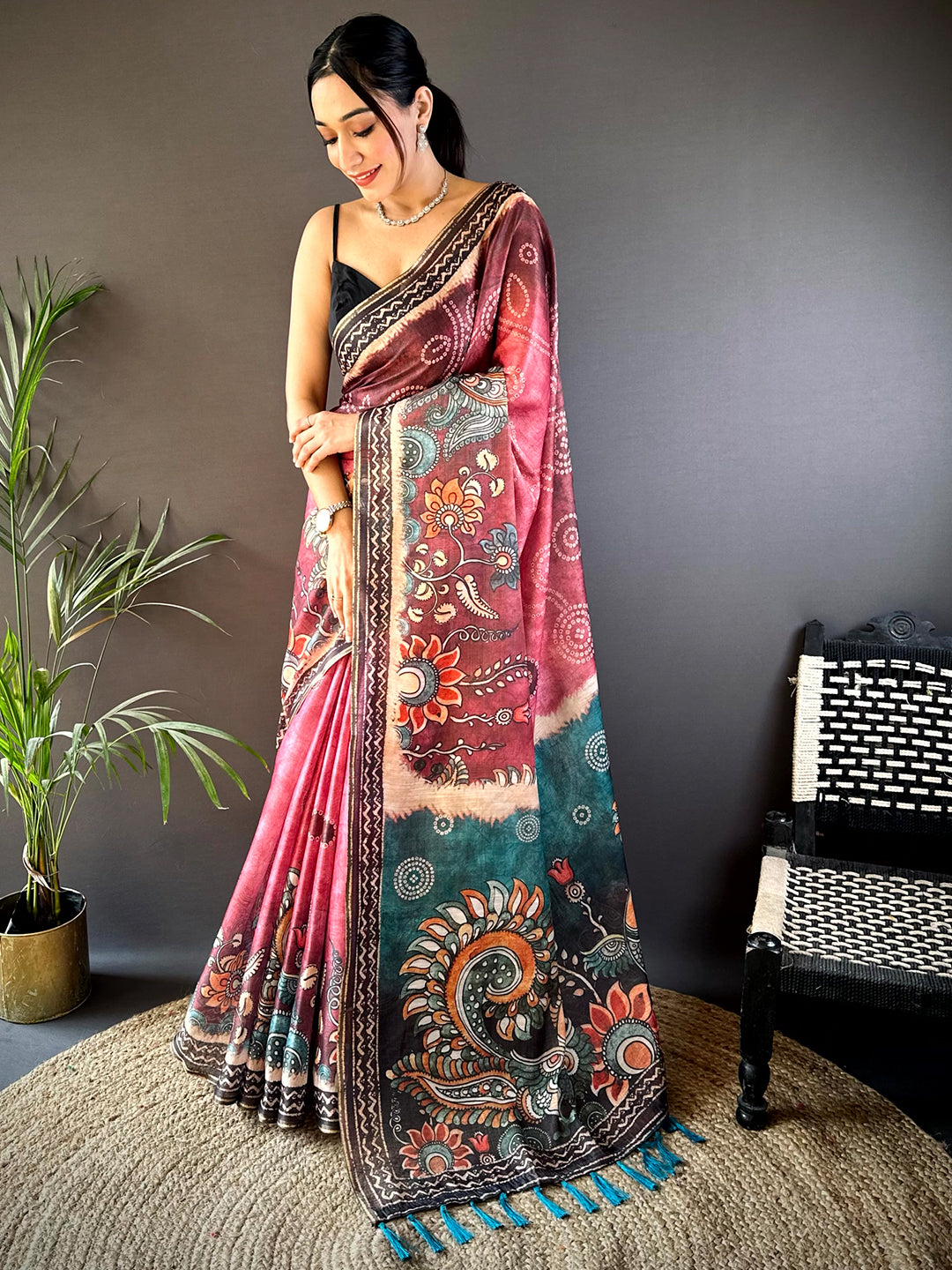 Blush Pink Kalamkari Bandhani Chanderi Saree