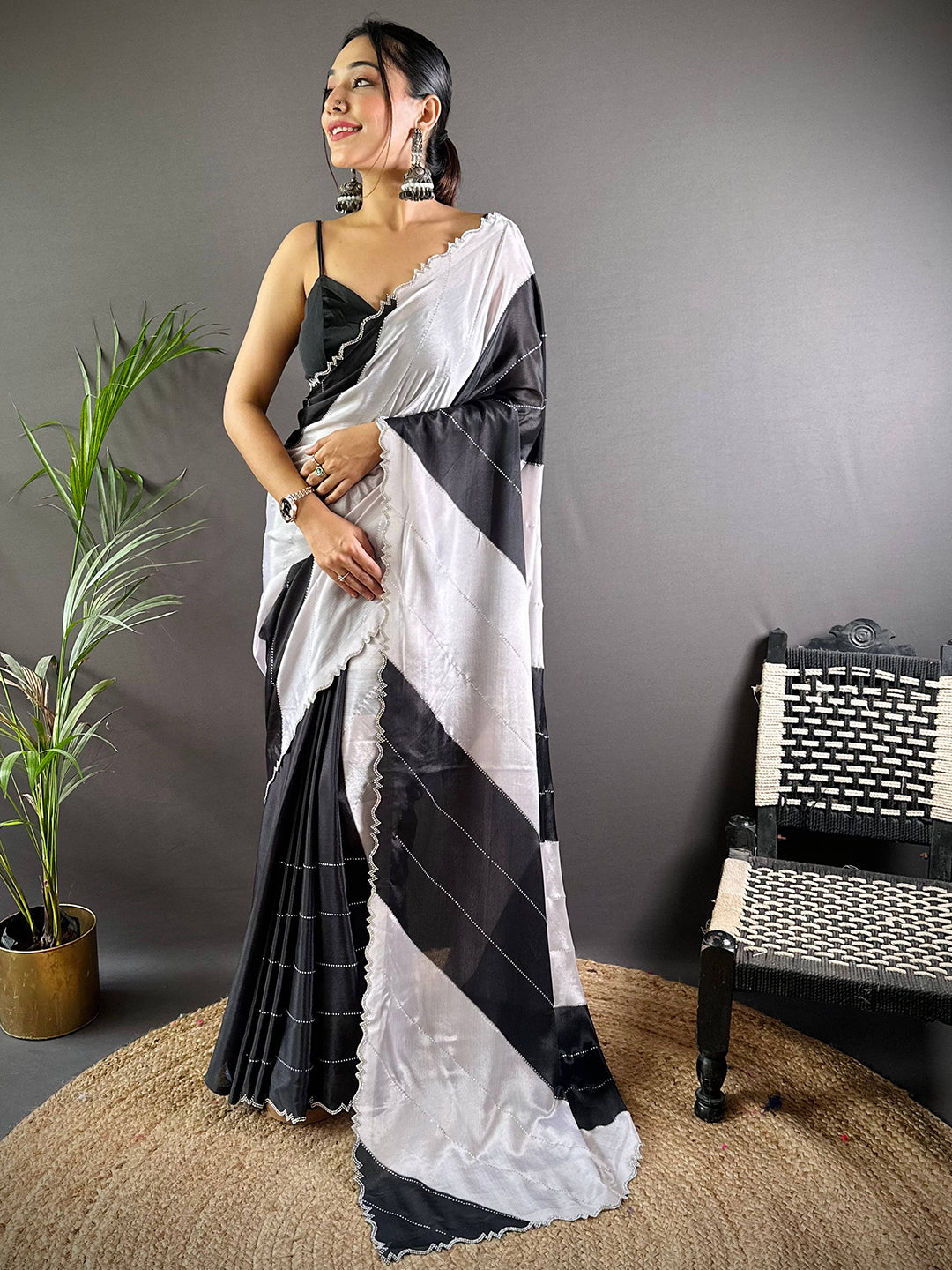 Black And White Poly Chiffon Swaroki Work Saree