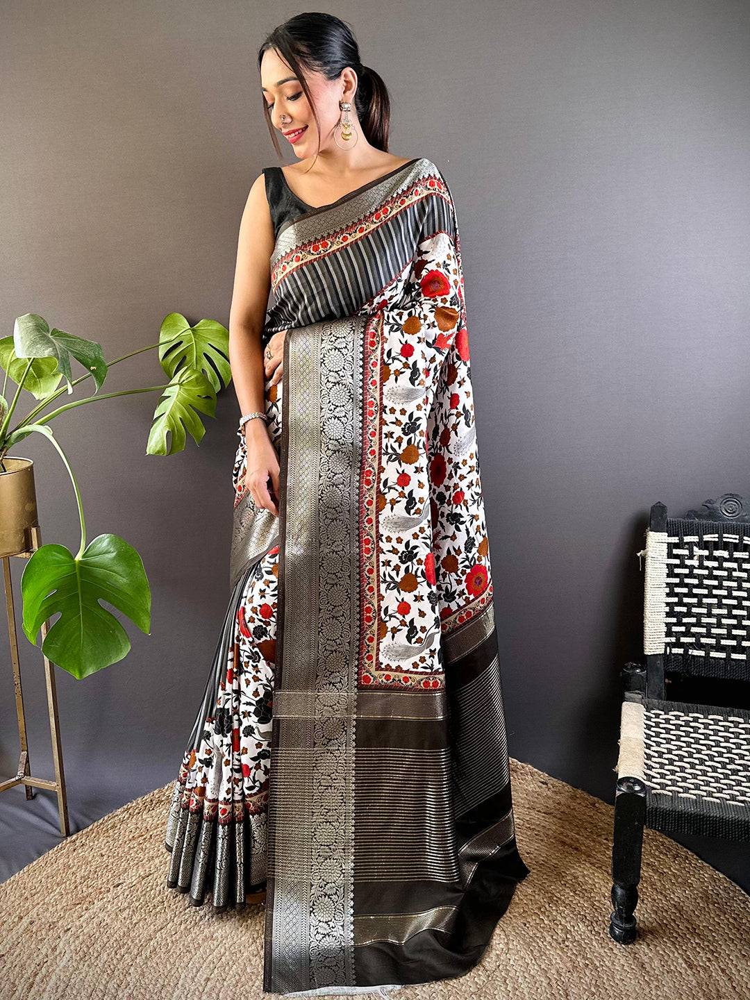 Black Floral Peacock Fusion Saree