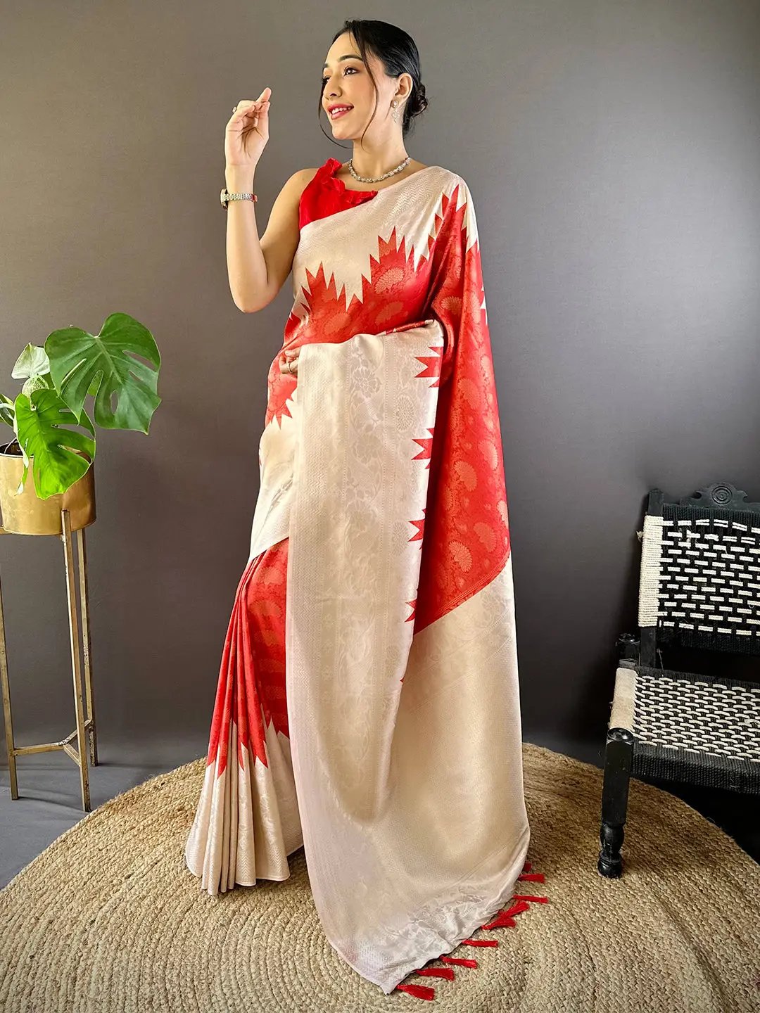 Red Ikkat Temple Soft Silk Saree