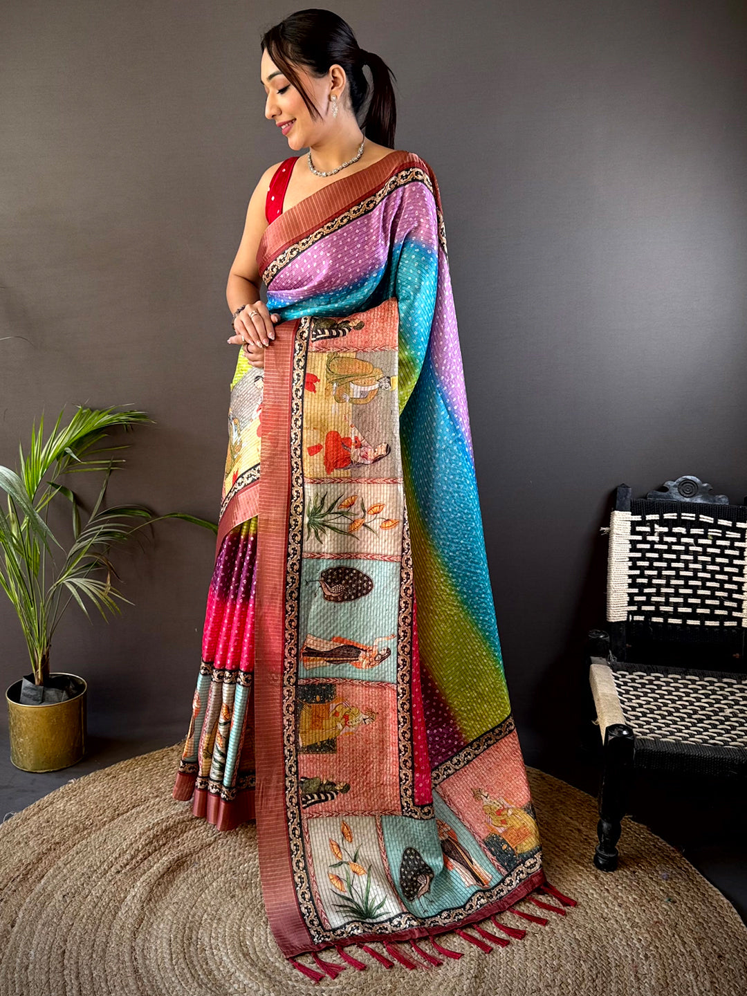 Shop Radiance Silk Blend Bandhani Print Saree with multicolor design, detailed artwork, and elegant drape. Ideal for parties and ceremonial occasions.