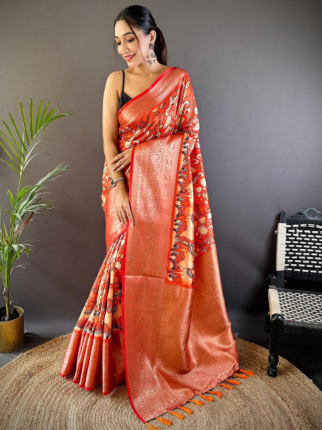 Sunset Coral Soft Silk Kalamkari Saree