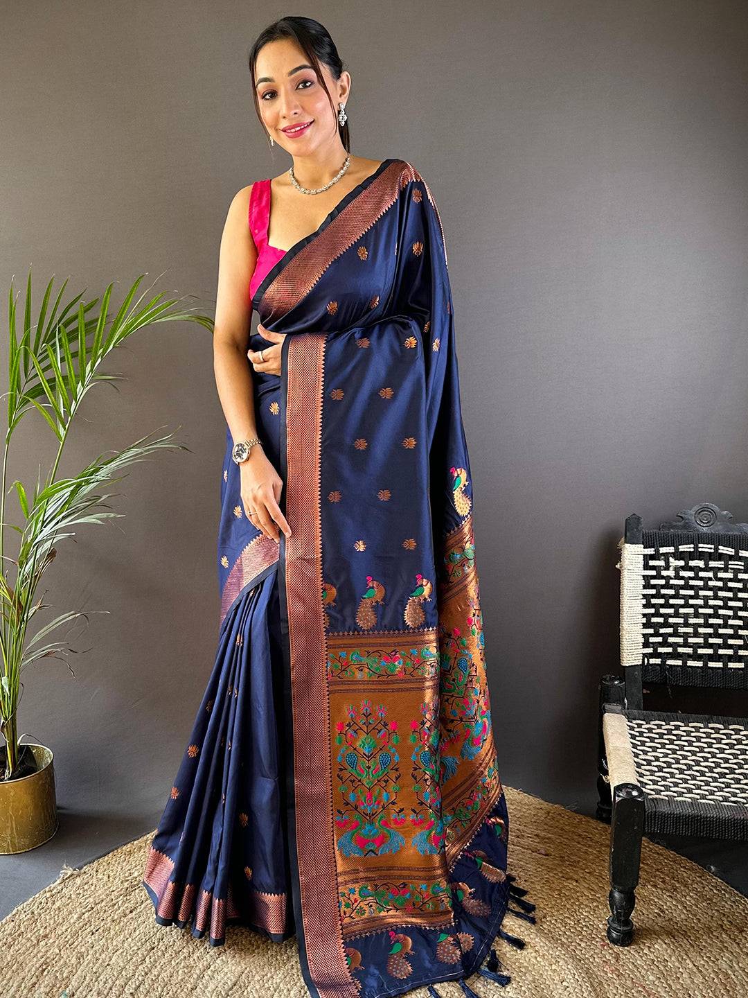 Copper Allure Soft Silk Navy Blue Saree