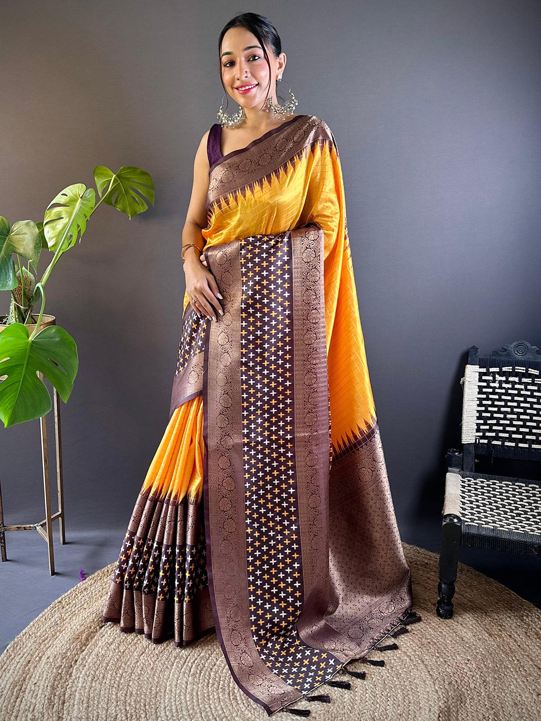 Elegant Yellow Chex Ikkat saree with detailed border