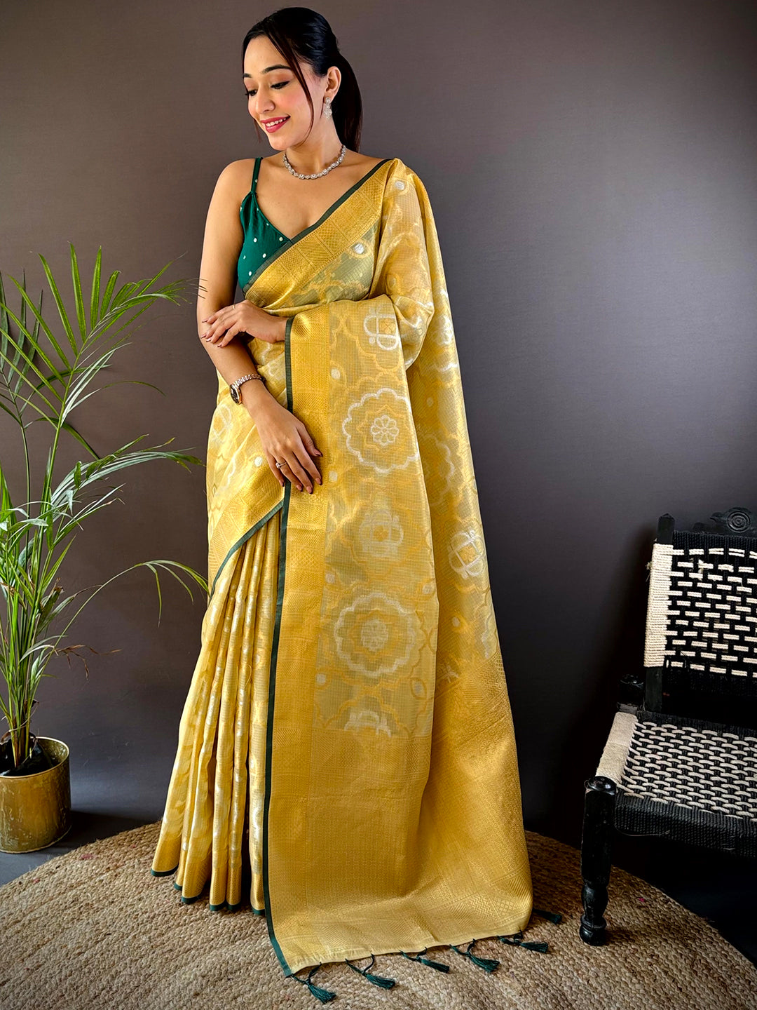 Minakari Floral Saree With Green Tassels