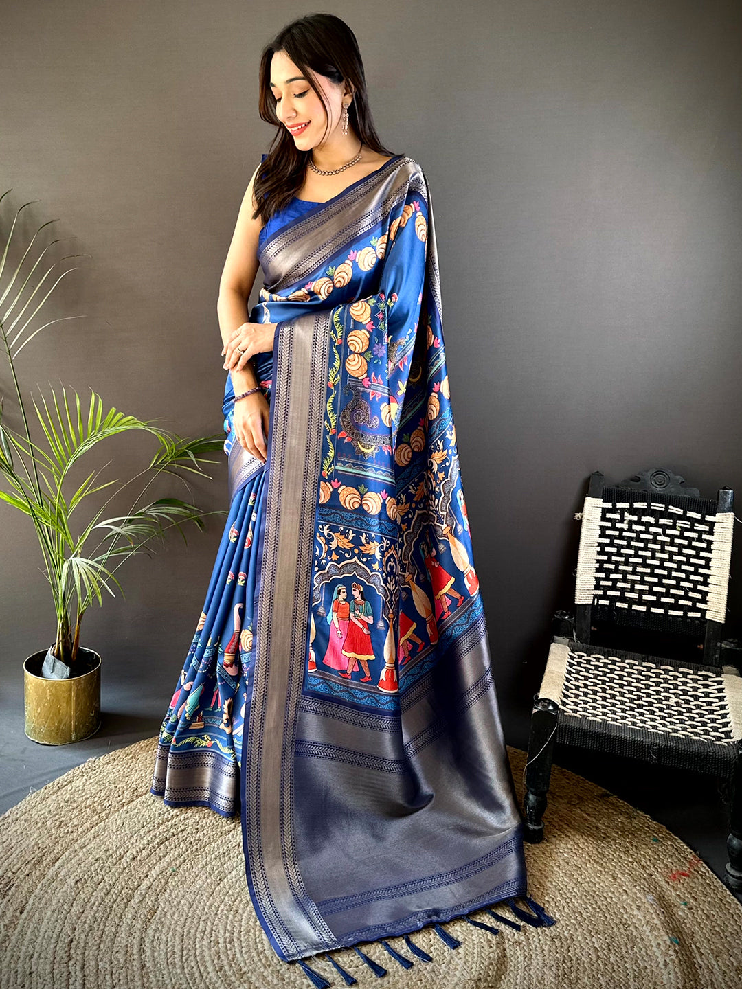 Light Blue Mughal Kalamkari Print Pashmina Saree