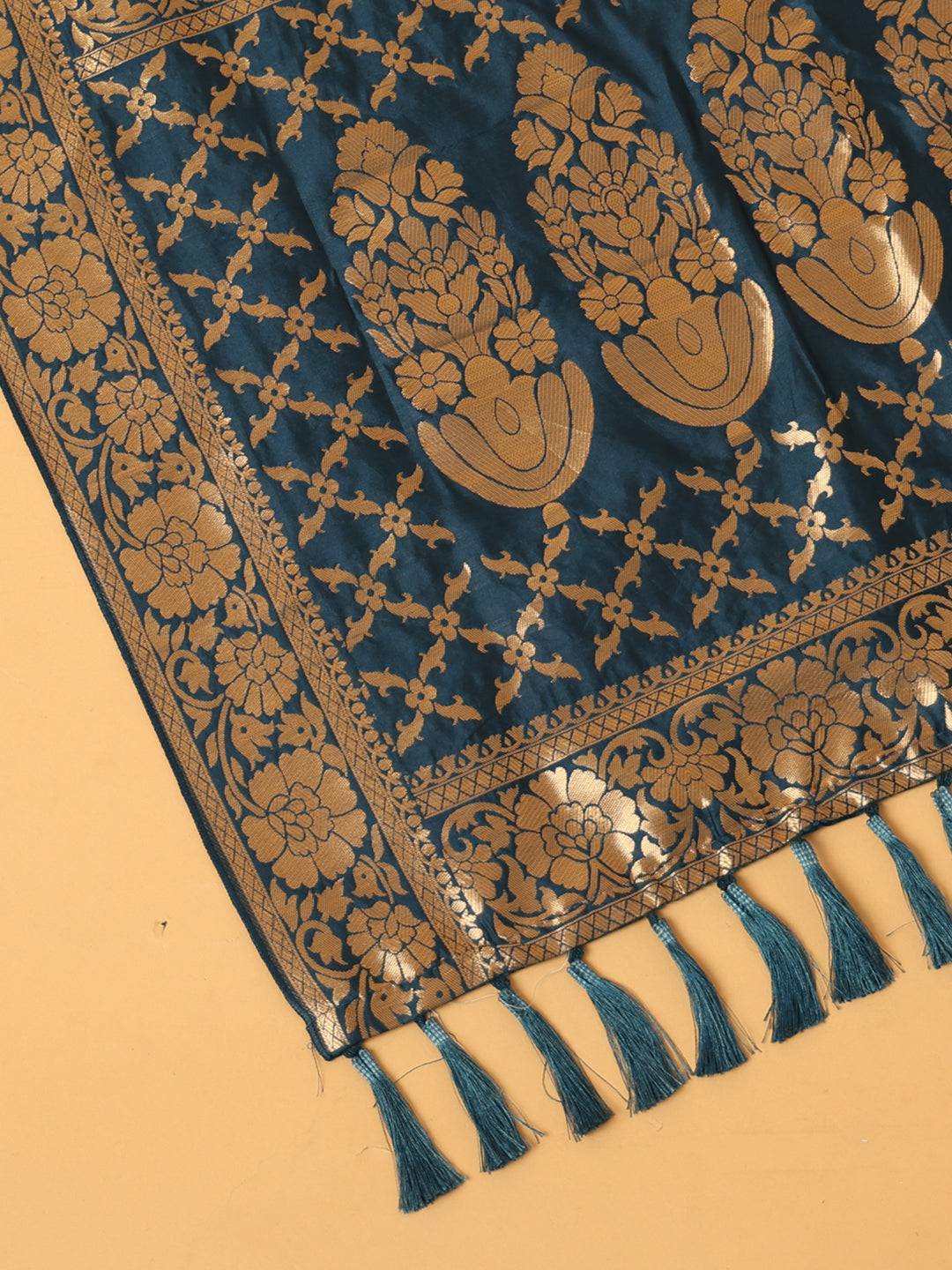 Close-up of silk blend dupatta's intricate woven design.