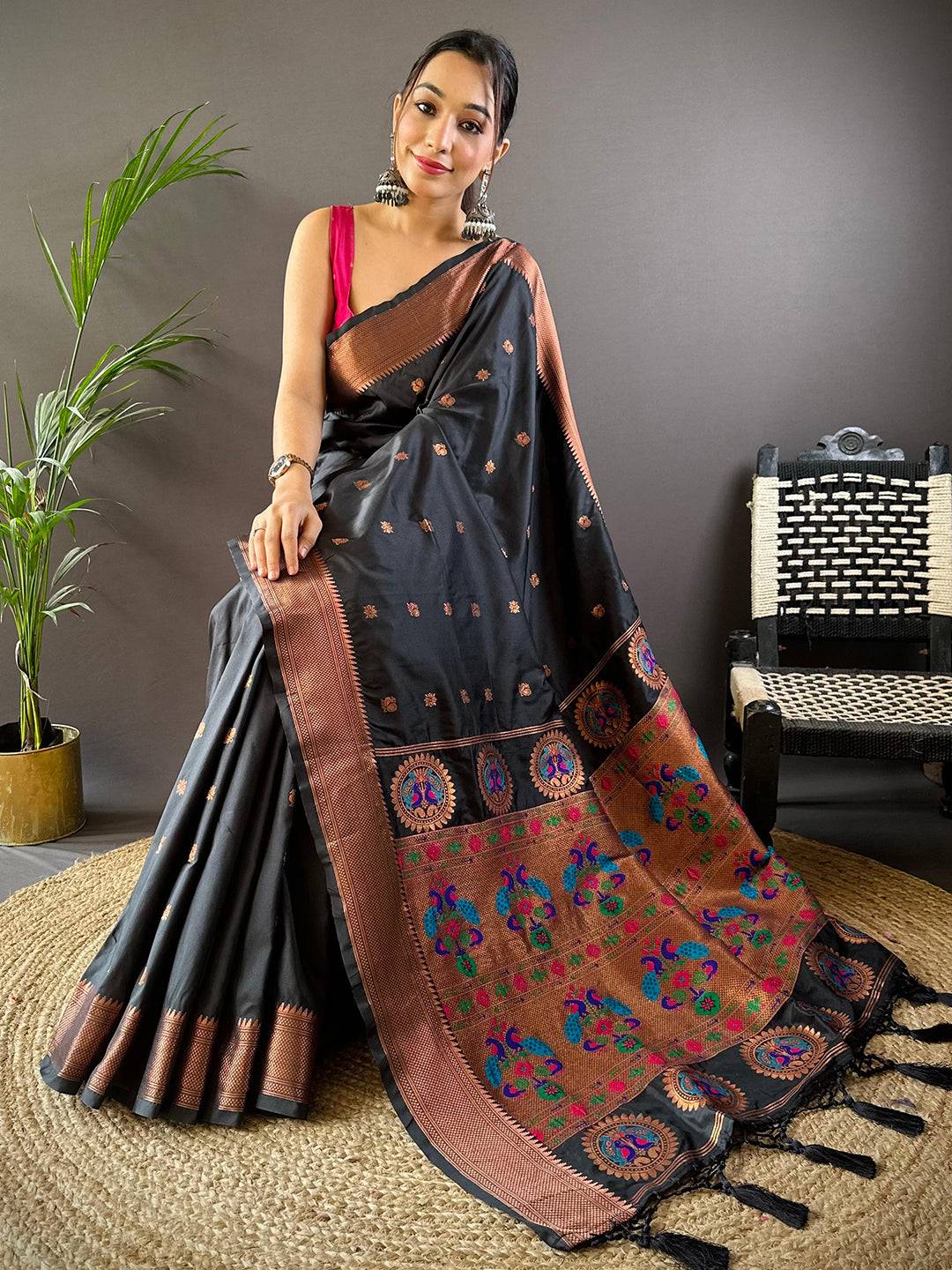 Raven Black Copper Elegance Soft Silk Saree