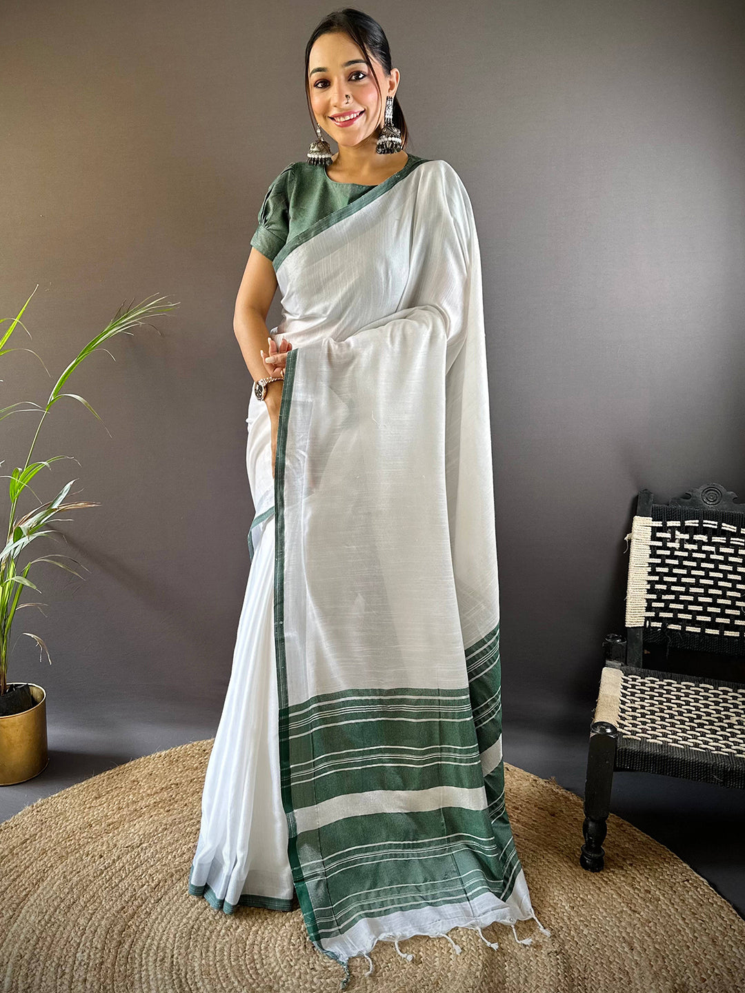 Bhagalpuri Linen Saree With Green Colour Small Patti