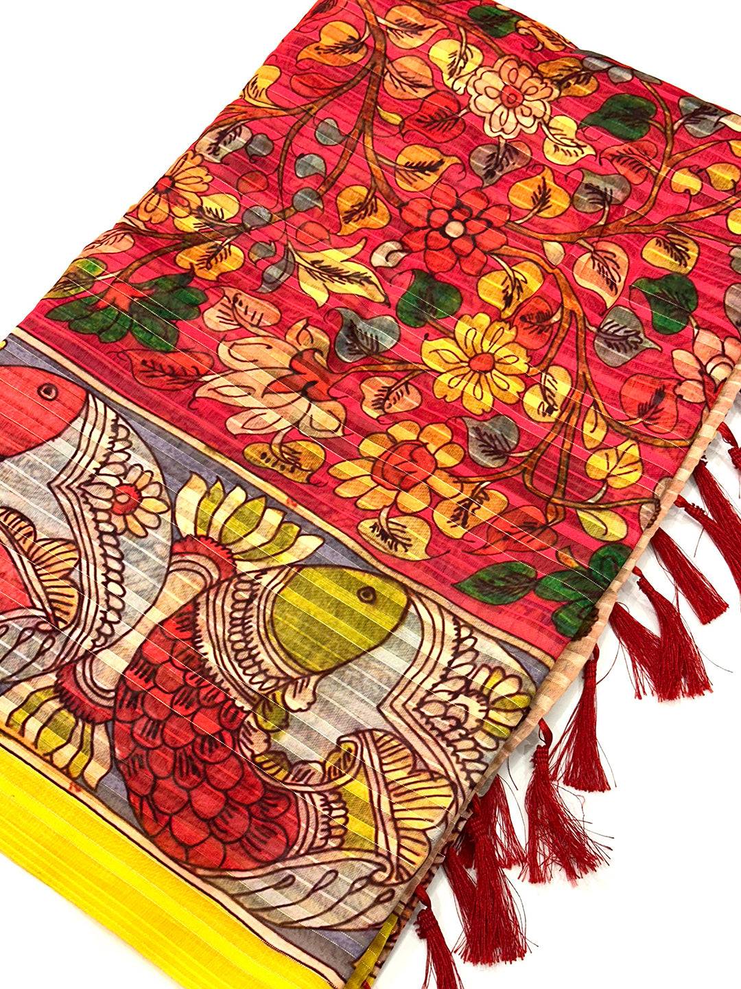 Rose Red Pen Kalamkari Linen Saree