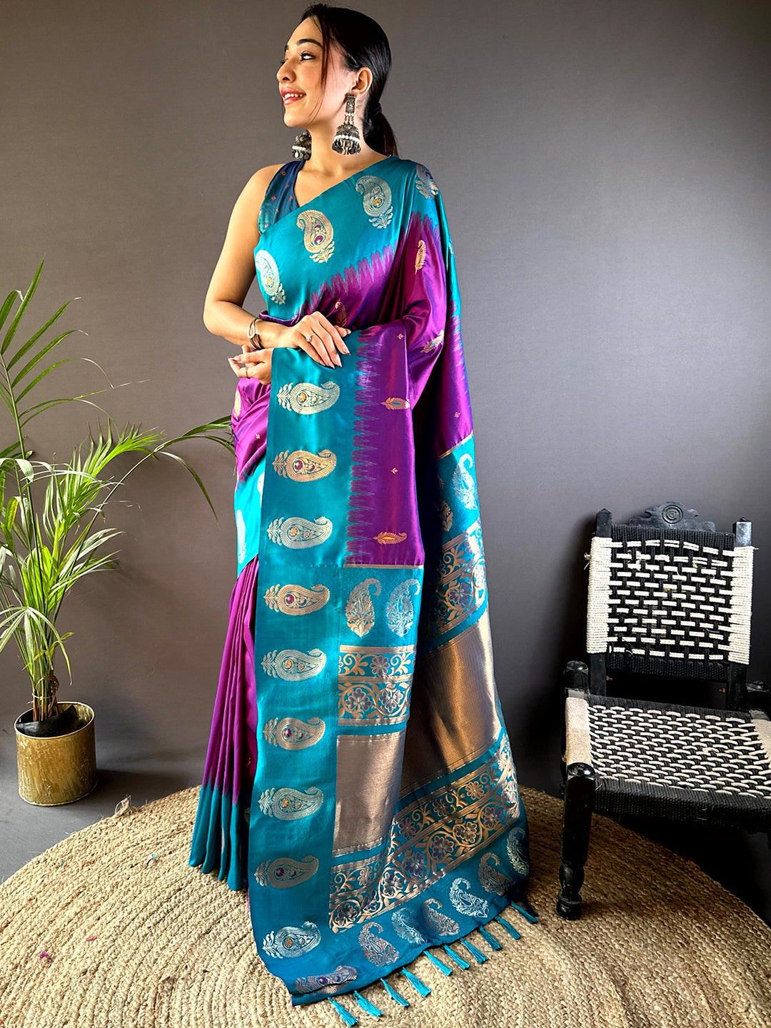 Wine Mango Butti Soft Silk Saree