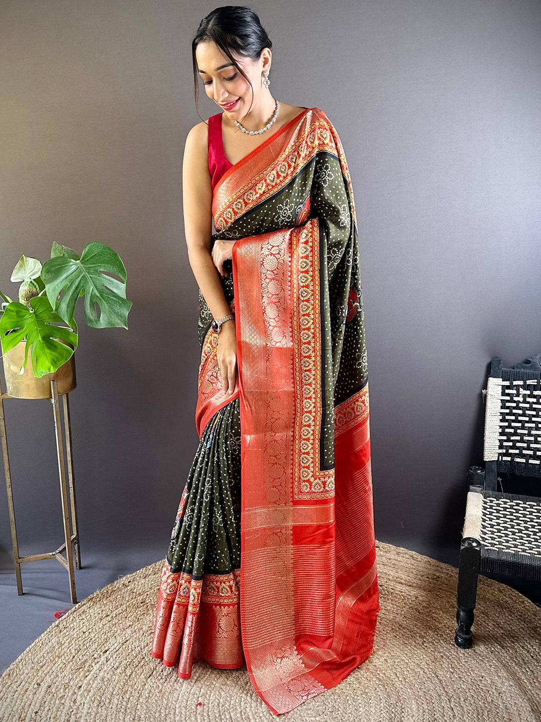 Olive Bloom Dola Silk Bandhej Saree