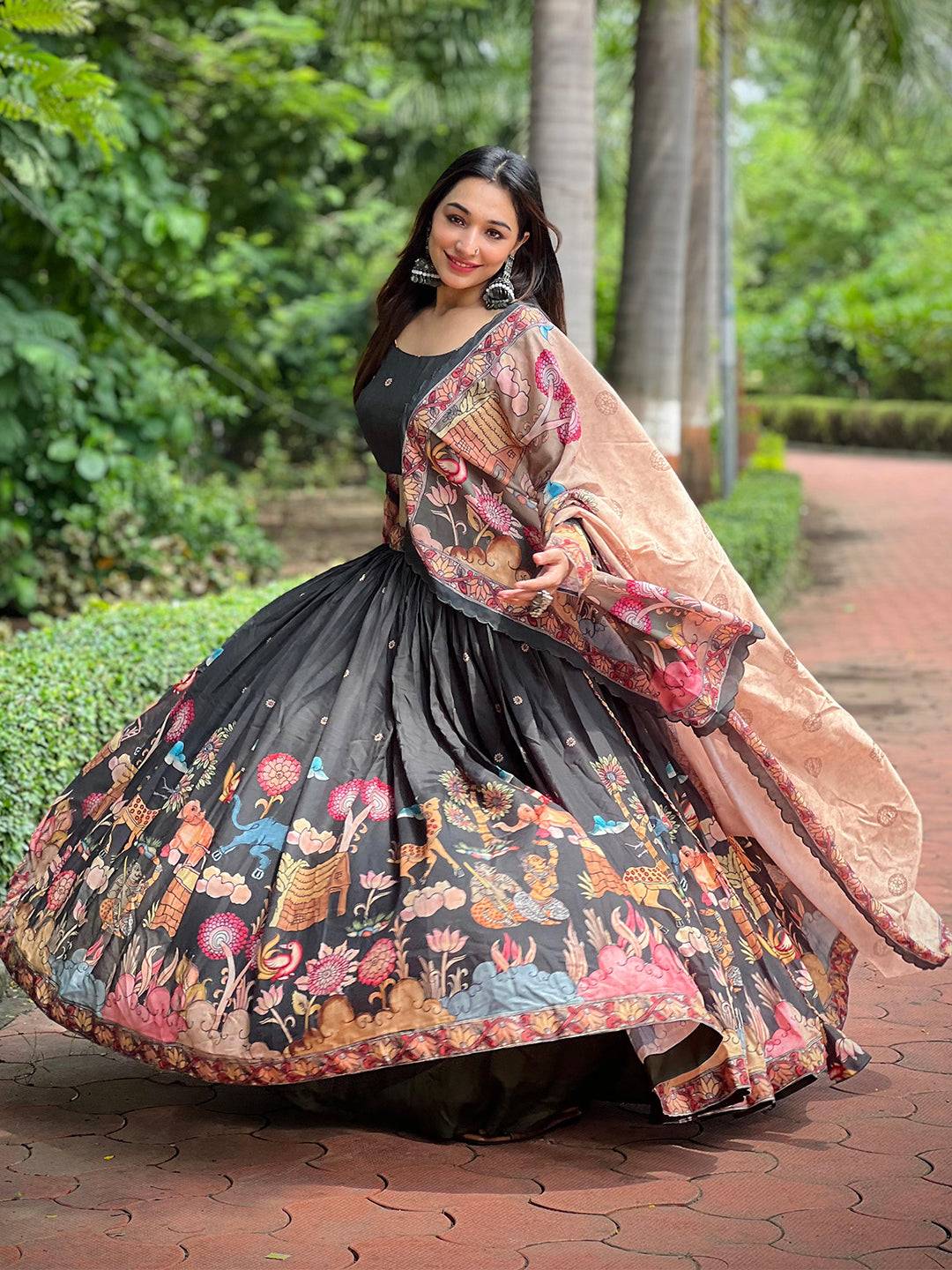 Olive Green Kalamkari Lehenga Set