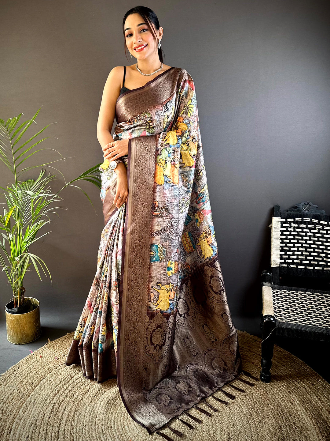 Brown Soft Silk Gold Zari Kalamkari Chex Saree